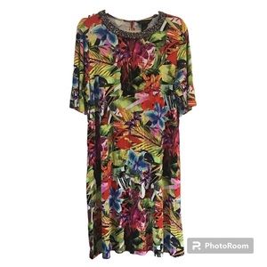Women’s Investments Multicolor Vibrant Short Sleeve Dress Beaded Neck Sz Large